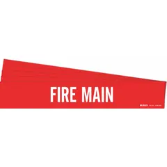 Red background with white 'Fire Main' legend. Each marker is adhesive-backed for application on pipes. Suitable for identifying fire suppression piping in industrial facilities. Pack of 5 markers, fits pipe outer diameters of 8 inches and larger.