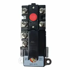 This electric water heater control limits water temperature to a range of 90°F to 150°F. It features single throw operation and is rated at 3000 watts at 120 volts. Used in commercial and industrial water heating systems for over-temperature protection.