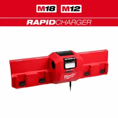Multi-port charger for 12V DC and two 18V DC batteries. Operates on 120V AC input; charges a 5 Ah battery in 1 hour. Suitable for simultaneous charging of multiple batteries in workshops or job sites.