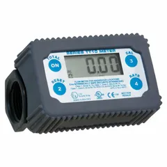 This in-line digital turbine meter is designed for dispensing diesel exhaust fluid (DEF). It features a 1 in BSPP connection, a UHMWPE rotor, and a digital display measuring in gallons with +/-1% accuracy. Suitable for fleet maintenance, agricultural, and industrial DEF transfer applications.