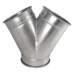 Stainless steel wye branch fitting for 14 in duct diameter with a 60° branch angle and 21 1/2 in overall length. Used in industrial ductwork systems to split or merge airflow, common in ventilation, dust collection, and material handling applications.