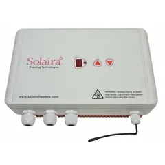 Surface-mount digital variable heat control for all electric radiant heaters. Operates on single-phase 120/208/240V AC with a maximum output of 8,160 W. Includes a digital touch pad for precise temperature regulation. Suitable for commercial or industrial spaces requiring surface-mounted heater controls.