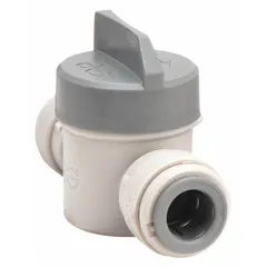 Manual two-way ball valve with 3/8 in push-fit connections on both ends. Constructed of acetal with a straight body design. NSF 51 compliant for potable water contact. Quarter-turn handle operation. Suitable for low-pressure water and air systems.