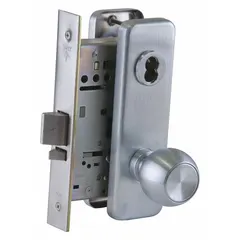 This storeroom knob lockset features a chrome finish, interchangeable core, and ADA-compliant lever with 40H escutcheon style. Designed for interior doors requiring keyless egress and key-entry from outside, it allows the inside lever to always exit while the outside is locked by key.