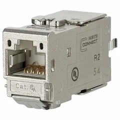 Female straight RJ45 connector for Cat6A performance, with 8 poles and insulation displacement connection. Zinc die-cast housing with metallike finish, designed for cable mounting. Suitable for power and data transmission in structured cabling systems.