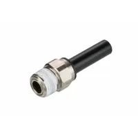 This push-to-connect x push-to-connect tube fitting connects 3/8 in OD tubing to 3/8 in pipe. Constructed with a nylon body and nickel-plated brass components, it is suited for pneumatic systems requiring secure, tool-free connections