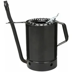 Black measuring container with a 4-quart fluid capacity and a 14-inch flexible spout. Overall height is 9 inches with a 6-inch diameter. Used for precise measurement and transfer of fluids in automotive and industrial maintenance settings.