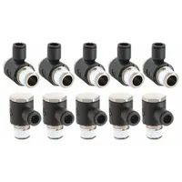 This nylon and nickel-plated brass tube fitting connects 3/8 in OD tubing to a 1/4 in NPT threaded port. The push-to-connect design enables quick, tool-free installation for pneumatic and fluid handling systems. Sold as a 10-pack in black finish