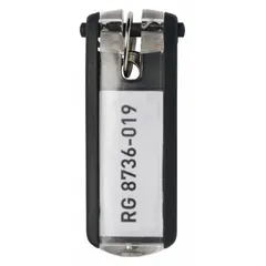 Pack of 6 rectangular black plastic key tags with blank labels. Each tag measures 2-5/8 inches in overall height. Includes inserts for custom labeling. Used for organizing and identifying keys in industrial, commercial, and facility settings.