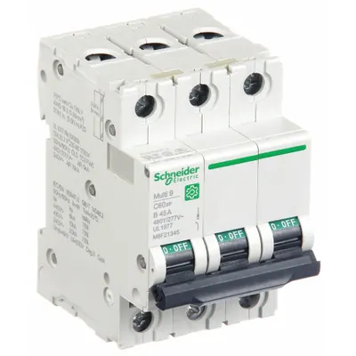 SCHNEIDER Supplementary Protector: 45 A Amps, 10kA at 240V AC, Screw Clamp - B-Curve, 3-Pole UL1077 DIN Rail-Mount Supplementary Protectors