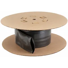 This chemical-resistant PVC heat shrink tubing has a 4-inch inner diameter before shrinking and a 2-inch inner diameter after shrinking. It is supplied in a 25-foot length and black color. Used for insulating and protecting electrical connections, cables, and components in environments where exposure to oils, solvents, or corrosive substances may occur.