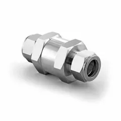 This inline poppet check valve features a 316 stainless steel seat and Let-Lok® connections for secure, leak-free sealing. With a 1/2 in pipe size and 10 PSI cracking pressure, it is used in instrumentation systems to prevent reverse flow in process lines.