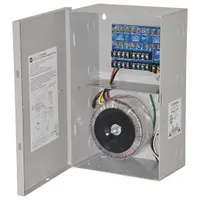 This power supply board with steel enclosure accepts 115V AC input and delivers 24V AC at 12.5A through eight fuses. It is used to provide regulated power for access control systems, security equipment, and industrial control panels