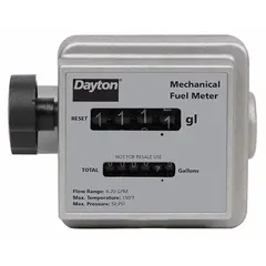 This nutating disc totalizer is designed for measuring diesel, gasoline, and oils. It features a mechanical display with +/-1% accuracy, a 3/4 in FNPT connection, and an aluminum body. Seals and O-rings are made of Viton. Suitable for fuel dispensing and transfer applications.