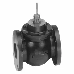 2-way flanged globe valve with cast iron body and stainless steel stem. Normally open, stem-down-to-close action. 3-inch flanged connection, 83 CV flow rating. Used for modulating or on-off flow control in hydronic heating and cooling systems.