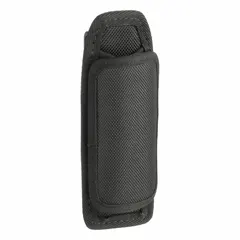 Universal flashlight holster made of black nylon with a swivel clip mount that fits belts up to 2 3/8 inches wide. Designed to carry and secure most standard flashlights, providing hands-free access for tasks requiring illumination.