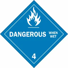 This BRADY placard measures 10 3/4 in x 10 3/4 in and displays the message 'Dangerous When Wet'. It is used for container identification in compliance with DOT regulations for Class 4 flammable solids that are water-reactive.