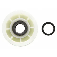 OEM idler pulley for Whirlpool washing machines and dryers. Maintains proper belt tension in the drive system to ensure consistent drum rotation during wash and dry cycles.