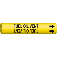 Snap-on pipe marker for identifying fuel oil vent lines. Yellow background with black legend and directional arrows. Fits pipe outer diameters of 4 to 6 inches. Suitable for industrial piping systems requiring clear content identification.