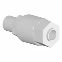 Threaded x compression PFA tube fitting from the LQ3 series. Connects 13 11/16 mm pipe to 3/8 in OD tubing. Complies with RoHS_6 and RoHS_10 standards. Used in fluid-handling systems requiring chemical resistance