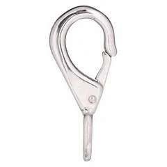 This eyelet spring snap is constructed from stainless steel with a solid gate and a 3/16 in opening size. It is intended for light-duty securing and attachment tasks such as tethering tools or connecting gear. Not for lifting applications.