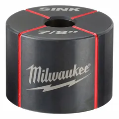 Round knockout die with 7/8 in nominal size for creating clean holes in 16 ga steel sheet metal. Stainless steel construction with ratchet drive. Used in electrical and plumbing installations for panel building, junction box fabrication, and maintenance tasks.