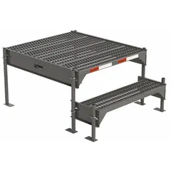 Stationary steel platform for indoor use with adjustable height up to 18 in. Platform measures 34.6 in x 38.3 in and supports 500 lb. Gray finish, left exit direction, no handrails. Suitable for maintenance, assembly, or warehouse tasks requiring a stable elevated work surface.