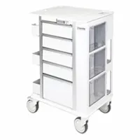 This medical procedure cart from MARKETLAB features an aluminum frame with a white cabinet and white drawers. It is equipped with two swivel casters and two swivel casters with brakes, allowing for easy mobility and stable positioning. Suitable for organizing and transporting medical instruments and supplies in healthcare environments