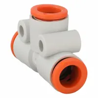 This SMC push-fit tee fitting is made of polybutylene terephthalate and has three 5/16 in OD tube connections. It is used to create a branch in pneumatic tubing systems without tools, enabling air distribution in automation and material handling equipment