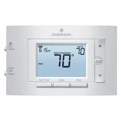 Rectangular low voltage thermostat for heat and cool applications. Supports 1H/1C conventional and 1H/1C heat pump systems. Features manual changeover, push-button controls, and 5-2 programming capability. Temperature control range 45° to 99°F. Terminal designations: Y, C, G, O, B, RC, RH, W. Suitable for residential or light commercial HVAC control.