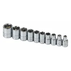 This 10-piece socket set includes SAE 6-point sockets ranging from 3/16 in to 9/16 in with a 1/4 in drive. Features a friction ball retainer for secure socket retention. Suitable for tightening and loosening fasteners in automotive repair, machinery maintenance, and general mechanical work.