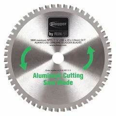 This FEIN circular saw blade is designed for cutting aluminum and soft metals. It features 54 carbide teeth and a 0.08-inch cut width for clean cuts. The blade has a 7-1/4-inch diameter and a 3/4-inch arbor, suitable for use in metal fabrication and construction applications.