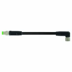 Double-ended cordset with M8 male straight connector on one end and M8 female right-angle connector on the other. Features 3 pins, 24 AWG wire, and a 0.6 m black PVC cable jacket. Rated IP66K for dust and water ingress protection. Suitable for connecting sensors and actuators in industrial automation, packaging, and material handling equipment where flexing and harsh environments are present.