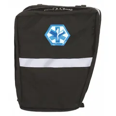This Cordura Nylon pannier bag in black is designed to hold an oxygen cylinder and mask. It features four clear internal pockets for organizing medical supplies and a zipper closure. Suitable for use by healthcare professionals and emergency responders for transporting oxygen therapy equipment.