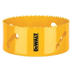 This DEWALT hole saw is designed for cutting through wood, metal, and plastic. It features a bi-metal construction with 4/5 teeth per inch and a maximum cutting depth of 1-3/4 inches. The 5/8-inch-18 thread arbor connection allows for secure mounting. Suitable for general construction, electrical, and plumbing applications.