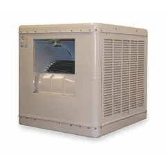This multiple-inlet residential ducted evaporative cooler operates on 115V AC and measures 42 7/16 in x 39 in x 39 in with a 2 in pad thickness. It includes a drive package that requires assembly. Typical applications include cooling residential spaces, workshops, or warehouses where ducted airflow is needed in dry climates.
