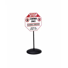 Portable sign post with a 37 lb cast iron round base and a black steel post measuring 4 ft x 1-7/8 in x 1-7/8 in. The 18-inch diameter base provides stability for temporary or semi-permanent signage in industrial facilities, parking lots, and construction sites. No breakaway feature or integrated wheels.