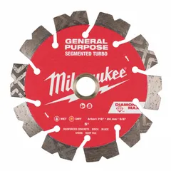 This diamond saw blade is designed for cutting concrete, asphalt, block, brick, and stone. It features a 5-inch diameter with a 5/8-inch to 7/8-inch arbor size and supports both wet and dry cutting applications on masonry saws.