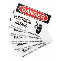 Polyester danger sign with adhesive mounting for quick application to equipment, panels, or walls. Nominal size 3 1/2 in x 5 in, 0.01 in thick. Not retroreflective or glow-in-the-dark. Sold in packs of 5