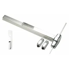 This surface vertical rod exit device features a touchbar and night latch, constructed from aluminum. Designed for doors up to 4 ft wide, it provides push-bar operation for emergency egress in commercial and industrial settings.