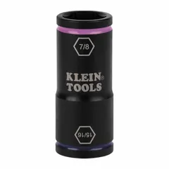 This flip impact socket from KLEIN TOOLS features a 1/2 in drive and two SAE socket sizes (15/16 in and 7/8 in) in a single tool. The 6-point design provides a secure grip on fasteners, while the manganese phosphate finish offers corrosion resistance. Suitable for use with impact drivers in maintenance and assembly tasks.