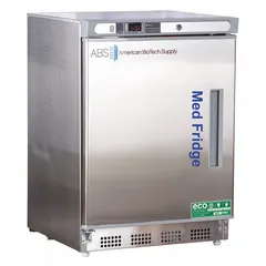 Undercounter lab refrigerator with 4.6 cu ft capacity, maintaining 2°C to 7°C. Silver finish, left-opening swing solid door, temperature alarm, R-600a refrigerant. Overall depth 24 1/2 in. Suitable for storing temperature-sensitive materials in laboratory and pharmacy settings.