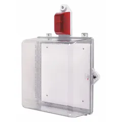 Clear polycarbonate wall-mount guard for indoor use, designed to protect fire alarm control panels or other electronic products from vandalism and damage. Overall depth 14 3/16 in. Includes mounting hardware for surface mounting.