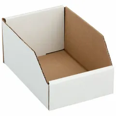 This light-use cardboard shelf bin measures 6 inches by 4 1/2 inches with a 9-inch overall length and is white. It contains 30-45% recycled content and is not electrostatic discharge conductive. Dividers are not included. Suitable for organizing small parts, supplies, or documents on shelves or workbenches in warehouses, offices, and light industrial settings.