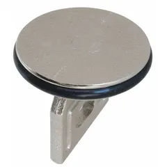 This pop-up bathtub drain stopper is constructed of brass with a polished chrome finish. It has an overall diameter of 2-1/4 inches and is used to seal and open the drain of a bathtub, allowing for filling and draining of water. Suitable for residential and commercial bathroom applications.