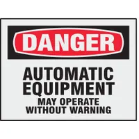 This adhesive sign alerts personnel to the hazard of automatic equipment that may operate without warning. Supplied as an 8-pack, it is not retroreflective and not glow-in-the-dark, suitable for indoor or controlled-light environments where high visibility is not required