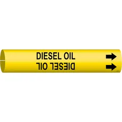 This snap-on pipe marker identifies diesel oil lines. It features a yellow background with black legend text and directional arrows. Designed for pipe outer diameters from 3/4 to 1-3/8 inches. Suitable for industrial piping systems requiring clear fluid identification.