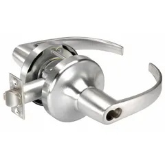 This office lever lockset features a satin chromium-plated heavy gauge steel finish. It is ADA compliant and compatible with Small Format Interchangeable Cores (SFIC). The F109 function allows key-retracted locking from the outside while the inside lever always opens. Suitable for commercial interior doors requiring lever operation.