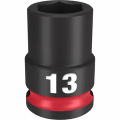 This 3/8" drive impact socket is designed for use with impact wrenches on metric fasteners. The 13 mm, 6-point configuration provides a secure grip on hex fasteners to reduce rounding. Suitable for automotive, industrial, and maintenance applications.