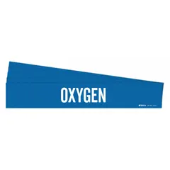 Blue adhesive pipe marker with white legend reading 'Oxygen'. Designed for pipe outer diameters from 2-1/2 to 7-7/8 inches. Pack of 5 includes one marker without directional arrows. Used to identify oxygen piping in industrial and facility systems.